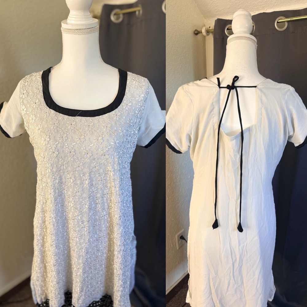Handmade White Embroidered Floral Tunic Dress Black Trim Sequins Size M